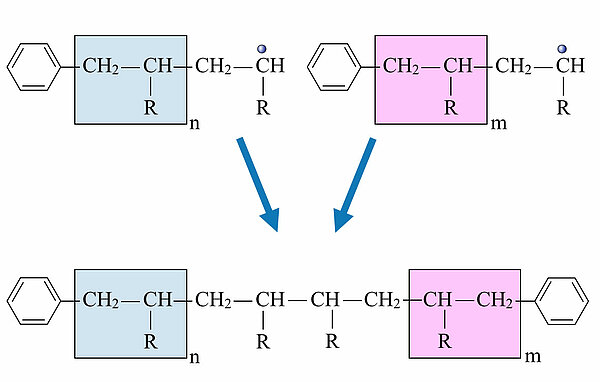 Abbruch 2: Zwei Polymer-Radikale stoßen zusammen und vereinigen sich zu einem größeren Polymer