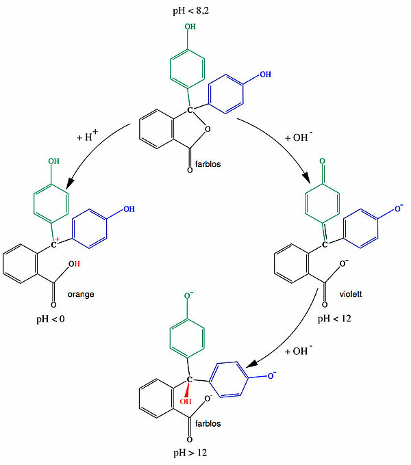 Die vier Farbstufen des Phenolphthaleins