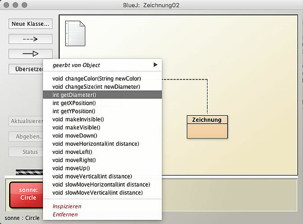 Das Projekt mit dem Objekt sonne. Es wurde die rechte Maustaste geklickt, und man sieht das Kontextmenü von 'sonne' mit allen öffentlichen Methoden. Auch die drei neuen Methoden getDiameter(), getXPosition() und getYPosition() sind zu sehen.