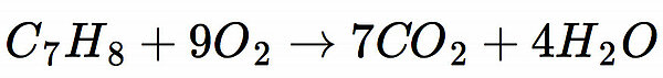 C7H8 + 9 O2 ===> 7 CO2 + 4 H2O