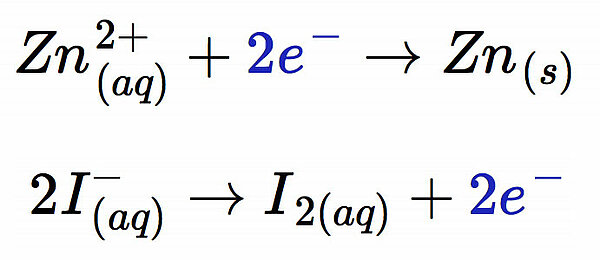 Aufladen des Zink-Iod-Akkus: Zn2+ + 2 e- ==> Zn; 2 I- ==> I2 + 2 e-