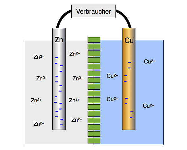 Das DANIELL-ELement. Links ist ein Zinkstab in eine Zinksulfatlösung mit 8 Zn2+-Ionen eingetaucht, rechts ein Kupferstab in eine Kupfersulfatlösung mit 4 Cu2+-Ionen. Der Zinkstab enthält 16 negative Ladungen, der Kupferstab 8 negative Ladungen.