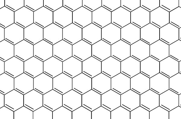 Ein Graphit-Gitter von oben. Man sieht eine Vielzahl von regelmäßig angeordneten Sechsecken, ähnlich wie bei einer Bienenwabe.