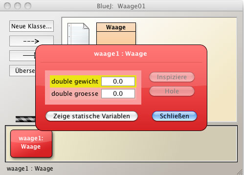 Das BlueJ-Projekt mit einem Objekt 'waage1' der Klasse Waage. Man sieht den Objektinspektor, der für das Attribut 'gewicht' den Wert 0.0 und für das Attribut groesse ebenfalls den Wert 0.0 anzeigt.